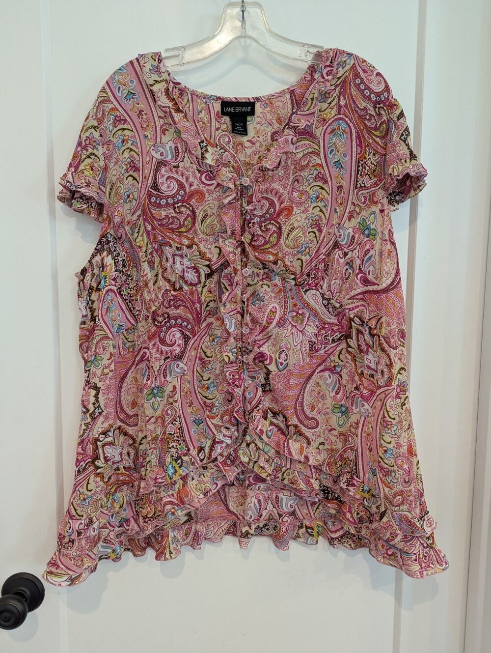 Lane Bryant Women's 18/20 Pink Babydoll Button Up Blouse Ruffles Paisley